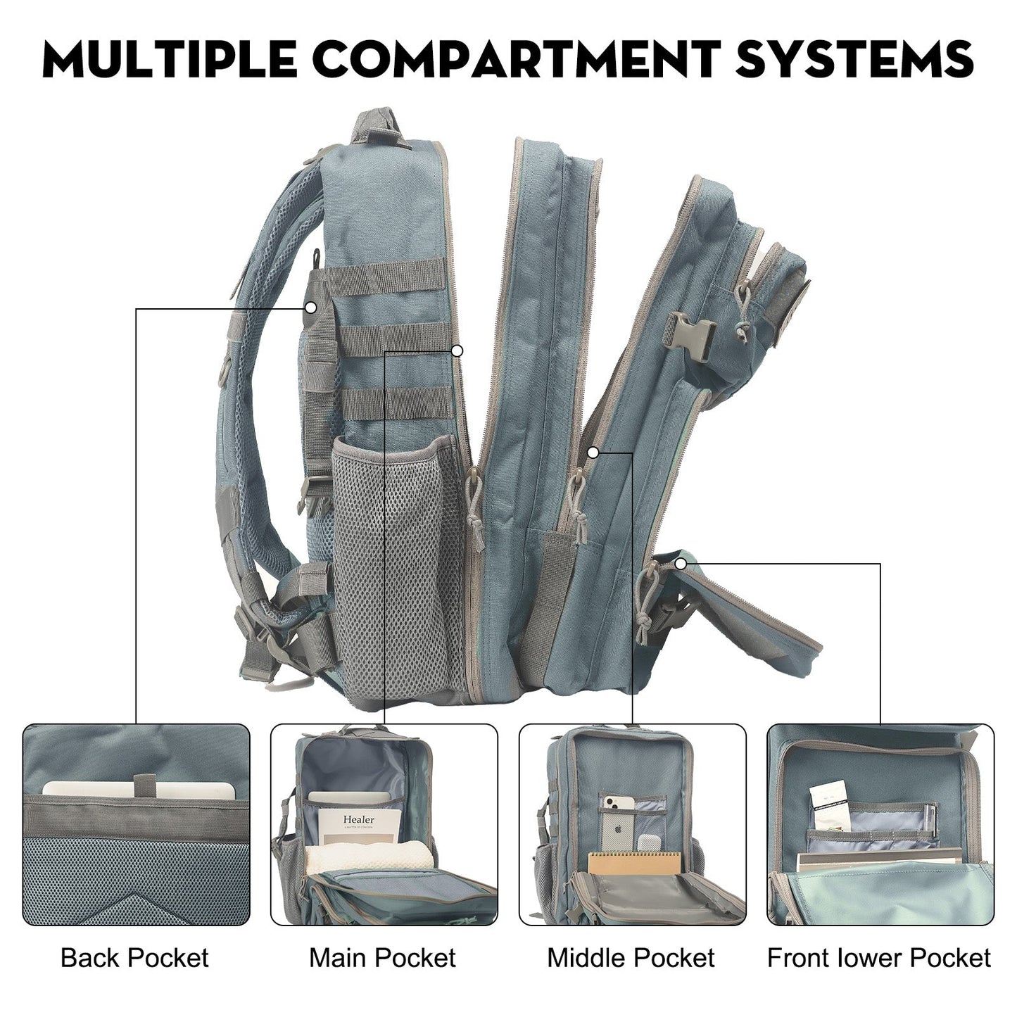 25L Small Gray Tactical Gym Backpack With Cup Holder - Saboostactical