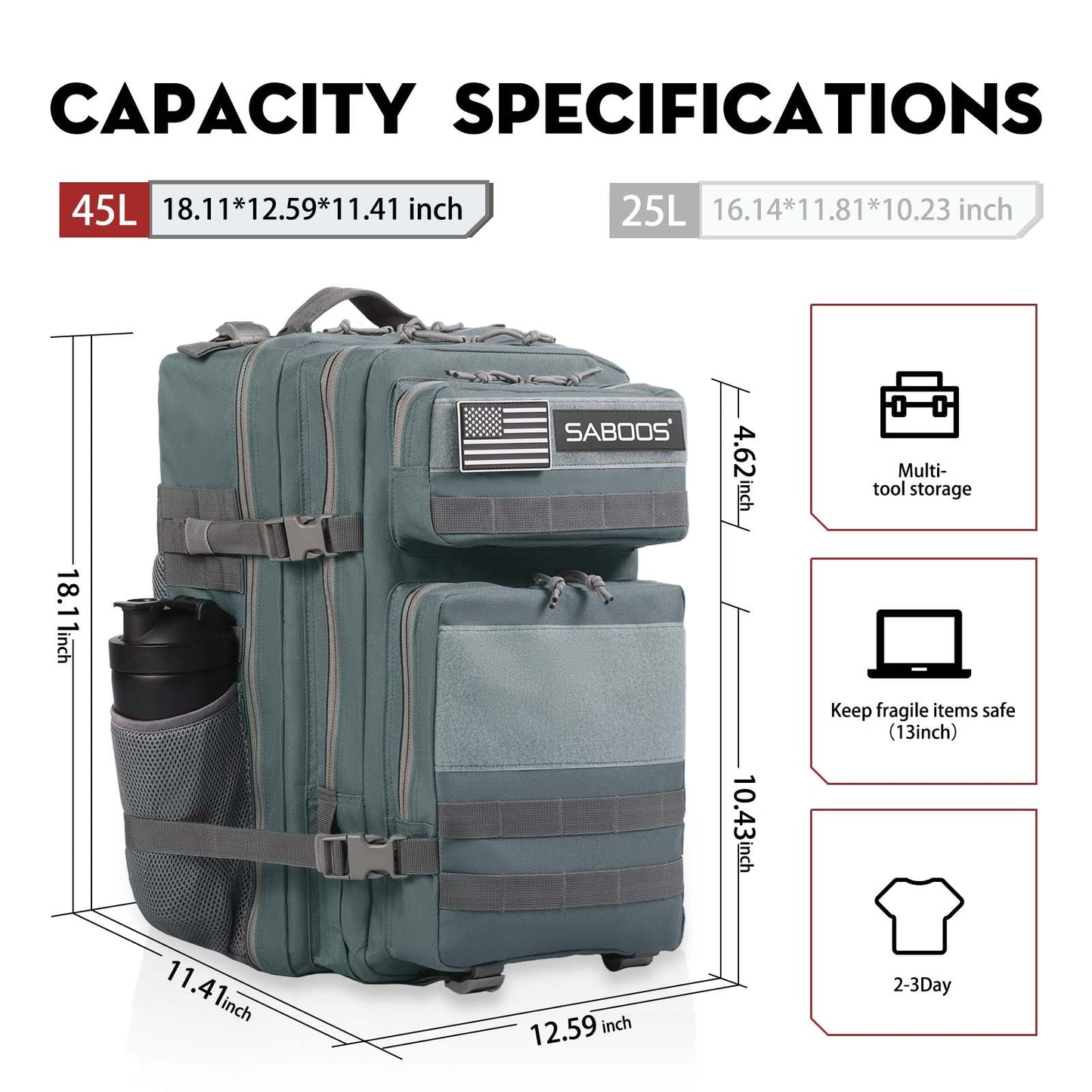 25L Small Gray Tactical Gym Backpack With Cup Holder - Saboostactical