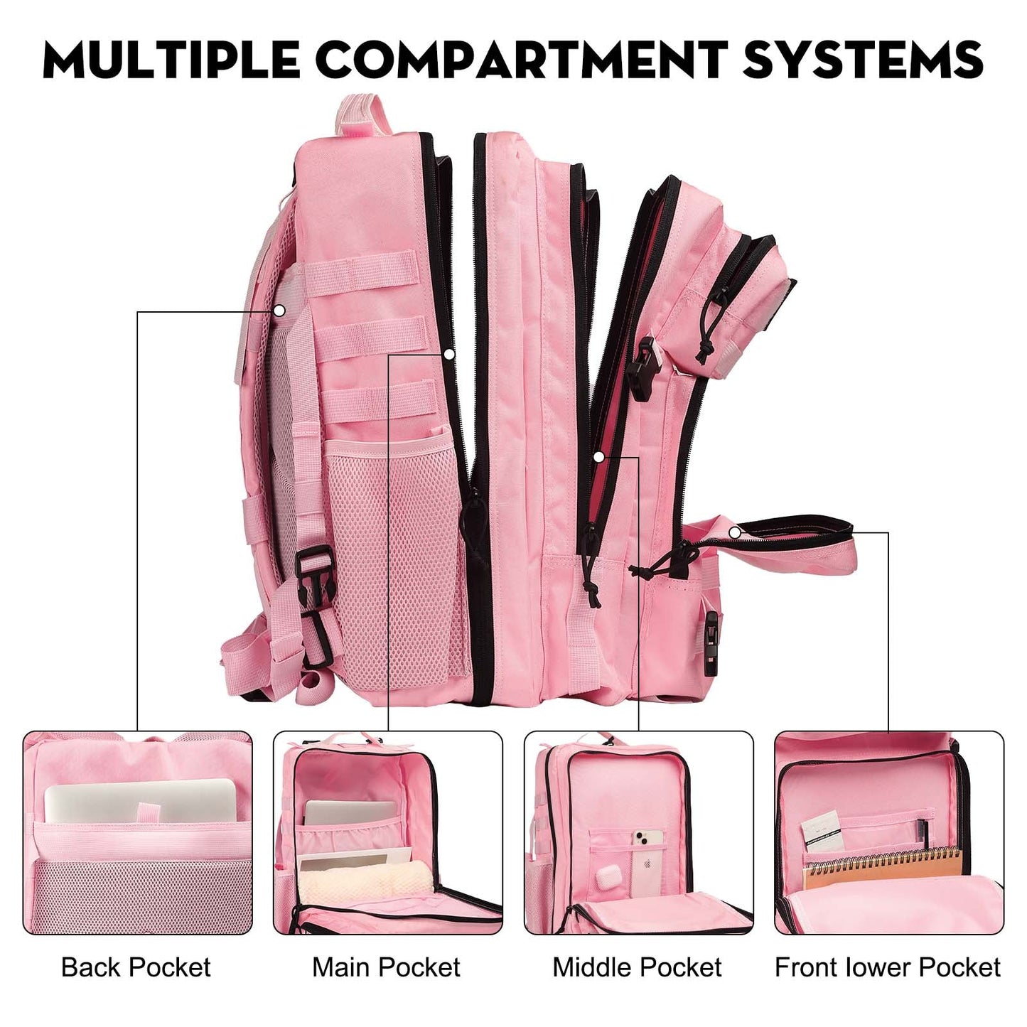 25L Small Pink Tactical Gym Backpack With Cup Holder - Saboostactical