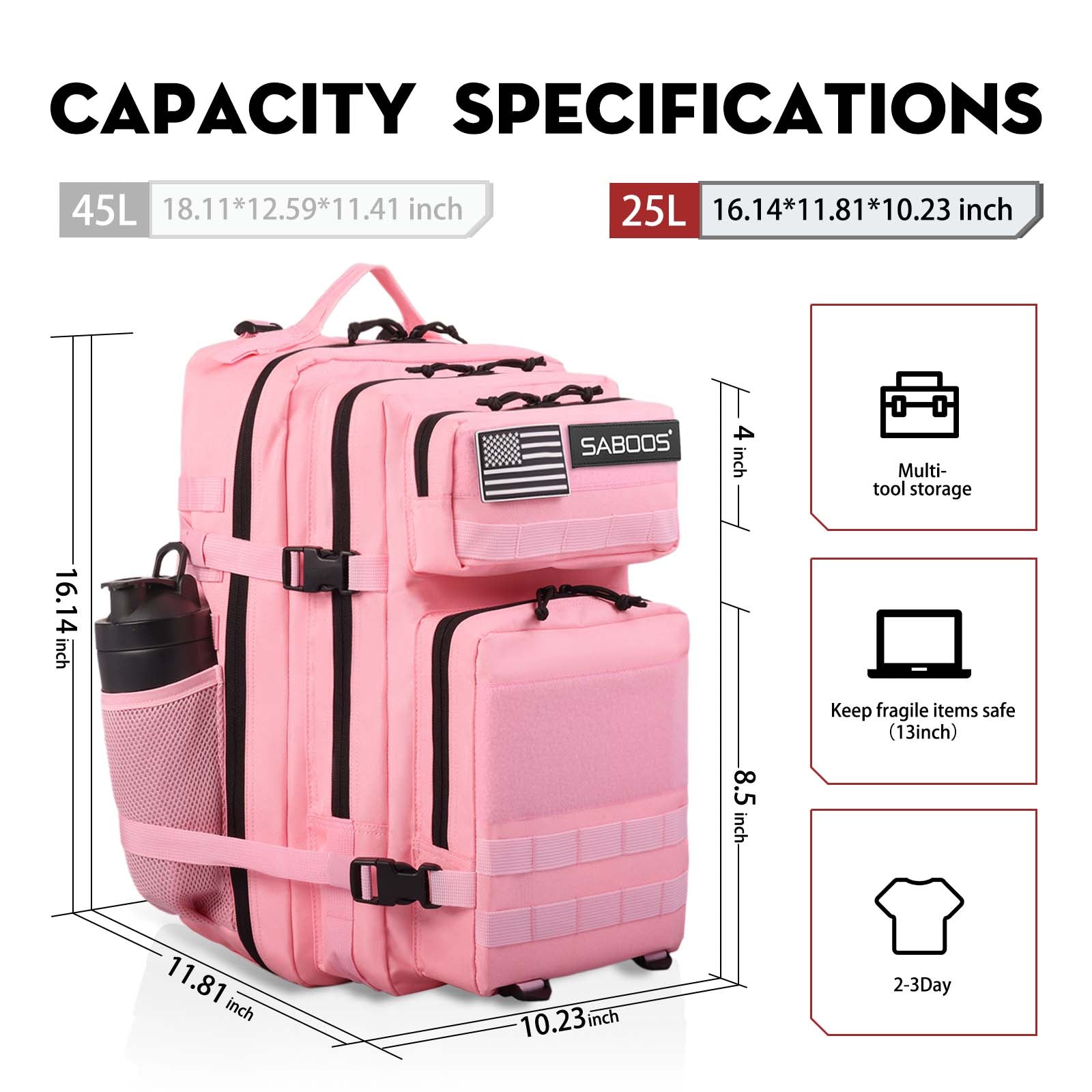 25L Small Pink Tactical Gym Backpack With Cup Holder - Saboostactical