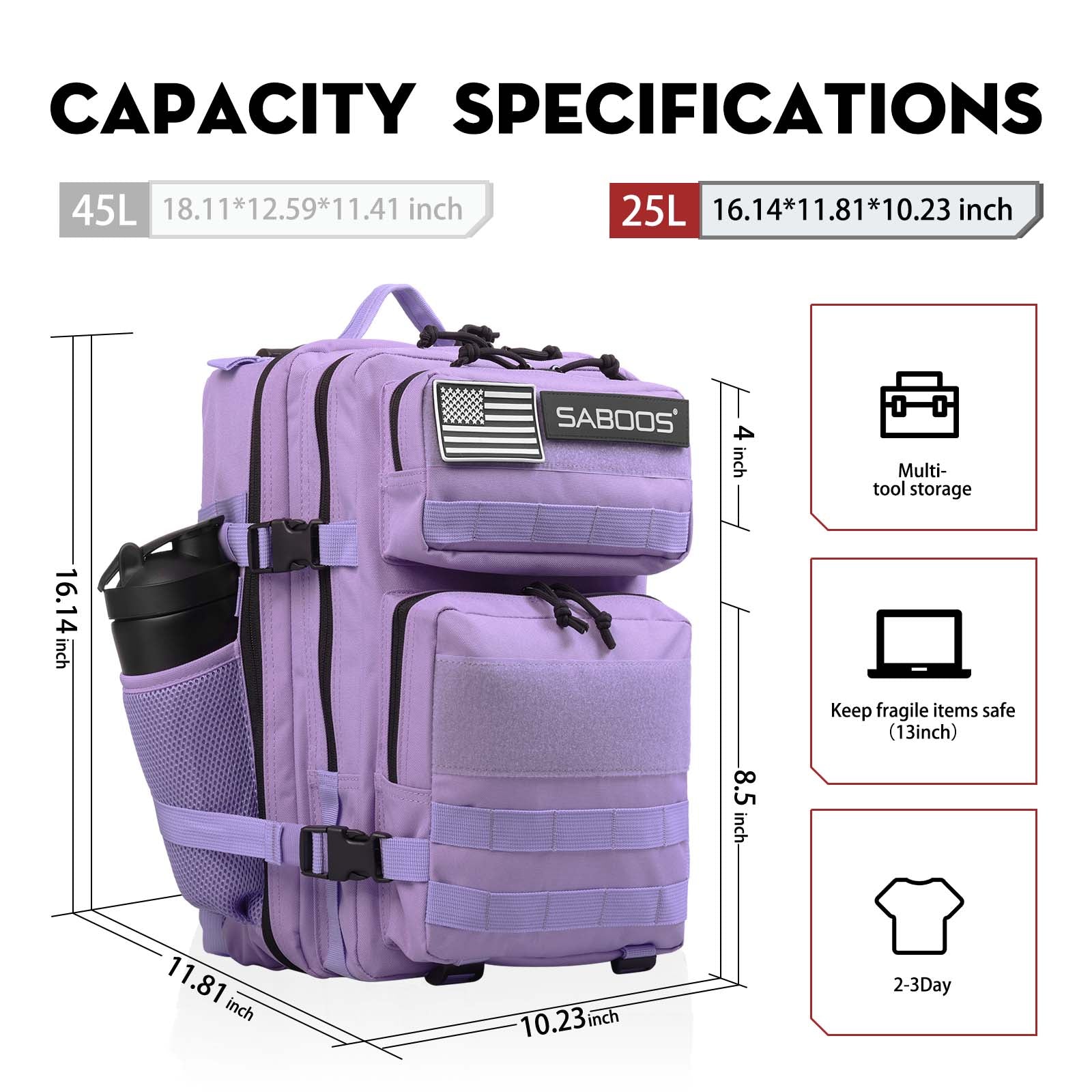 25L Small Purple Tactical Gym Backpack With Cup Holder - Saboostactical