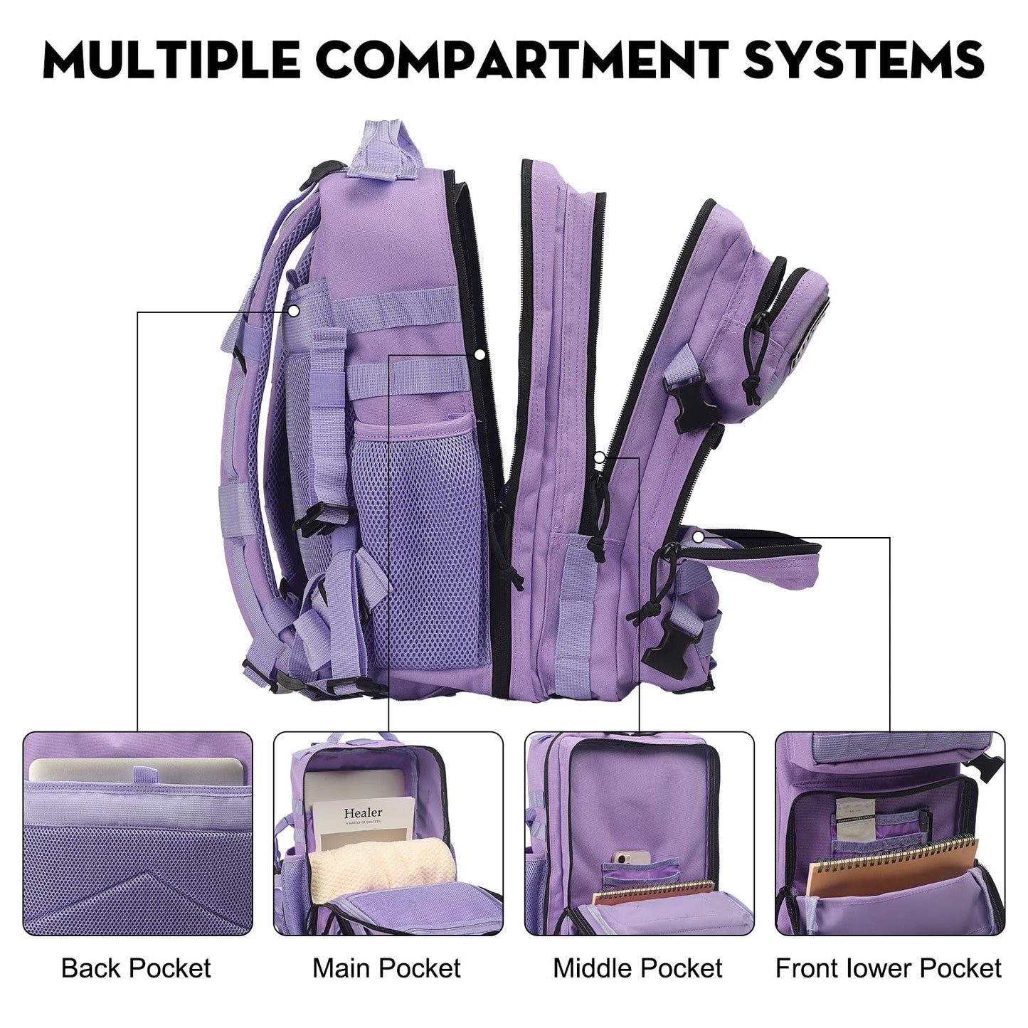 25L Small Purple Tactical Gym Backpack With Cup Holder - Saboostactical