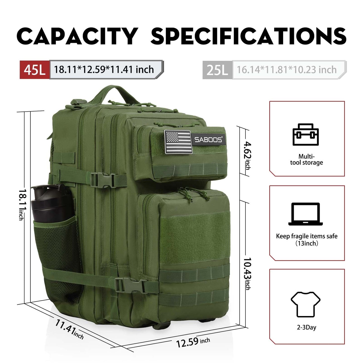 45L Large Army Grenn Tactical Fitness Backpack With Cup Holder - Saboostactical