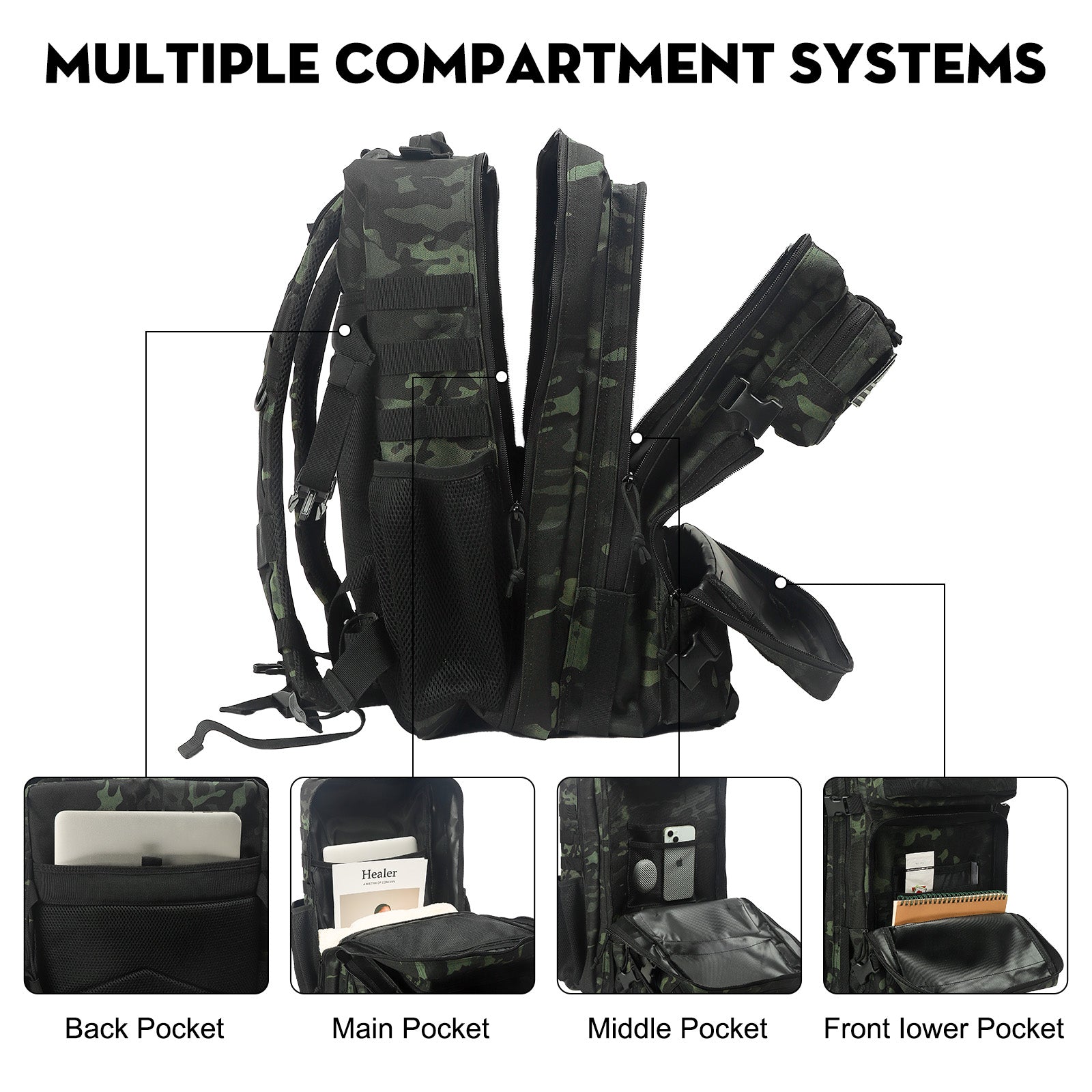 45L Large Black CP Tactical Fitness Backpack With Cup Holder - Saboostactical