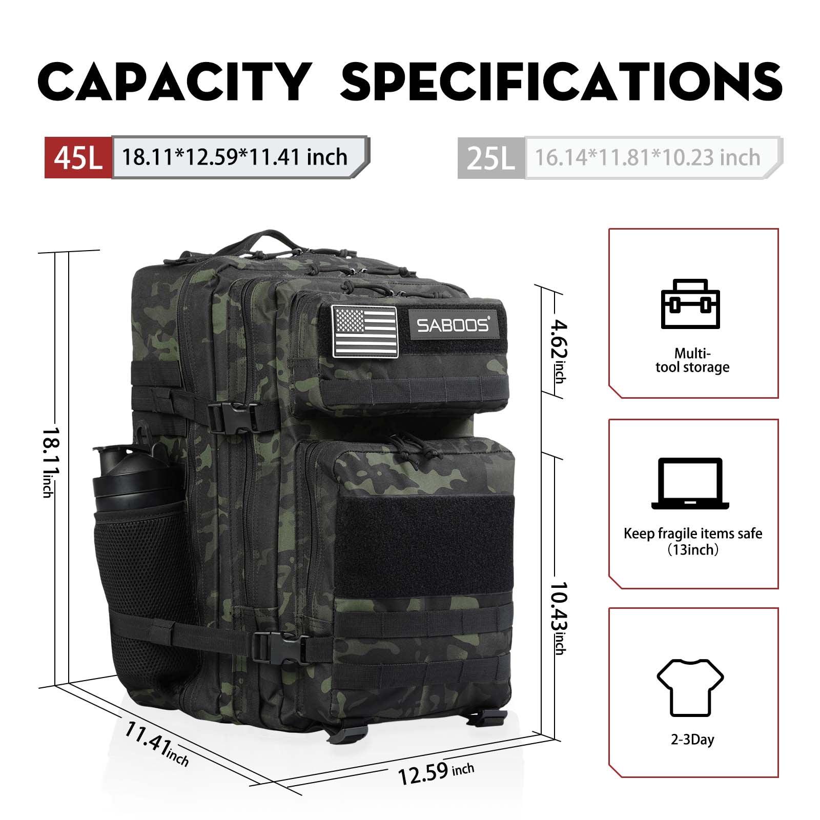 45L Large Black CP Tactical Fitness Backpack With Cup Holder - Saboostactical