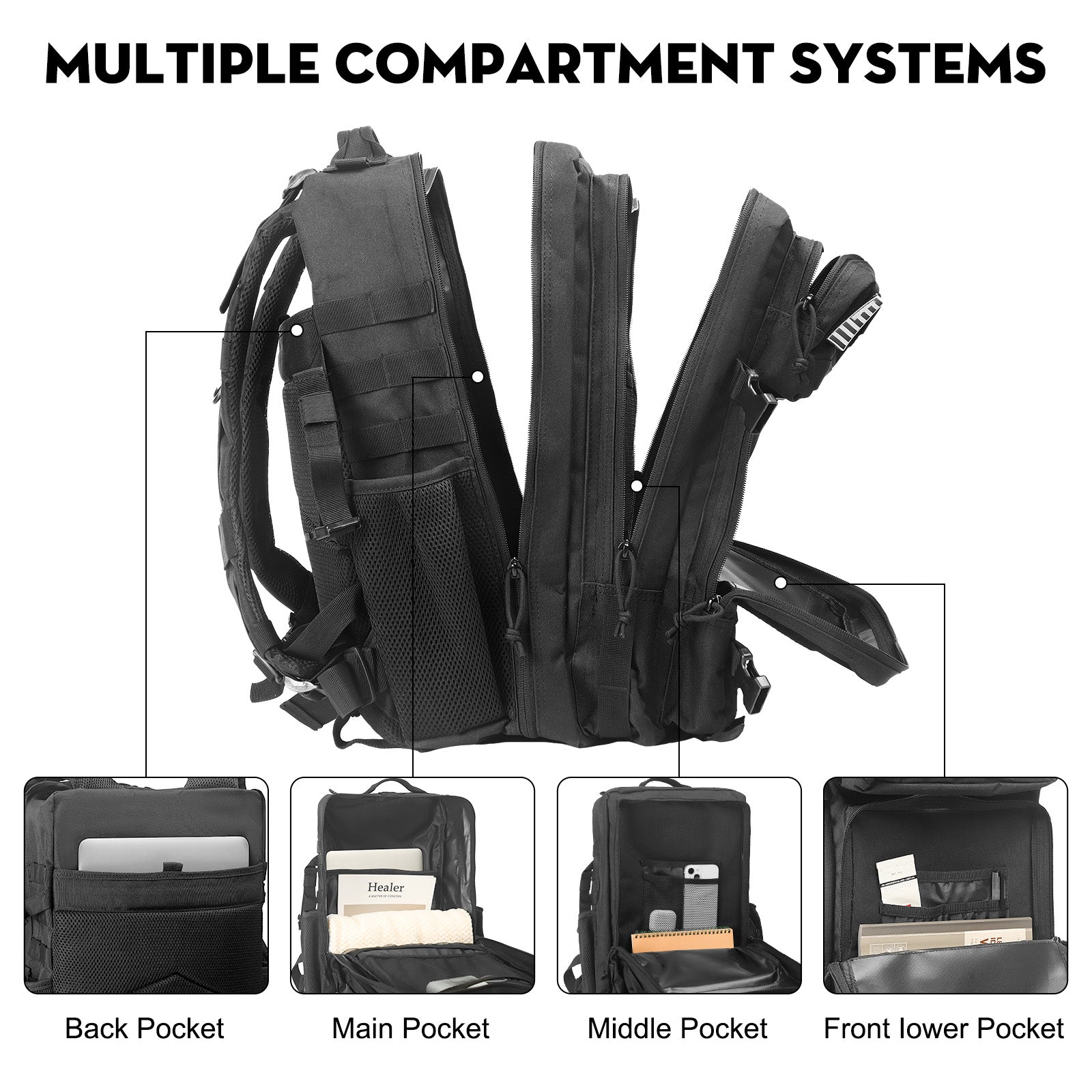 45L Large Black Tactical Fitness Backpack With Cup Holder - Saboostactical