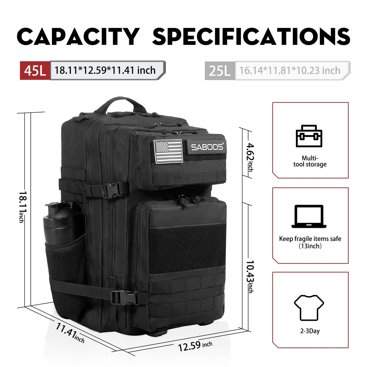 45L Large Black Tactical Fitness Backpack With Cup Holder - Saboostactical