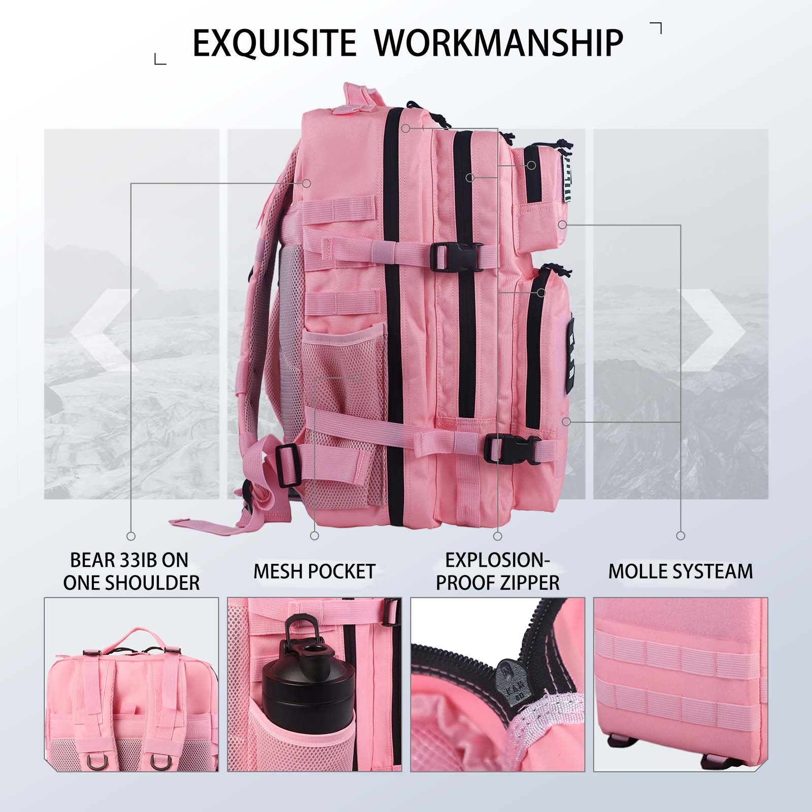 45L Large Pink Tactical Fitness Backpack With Cup Holder - Saboostactical