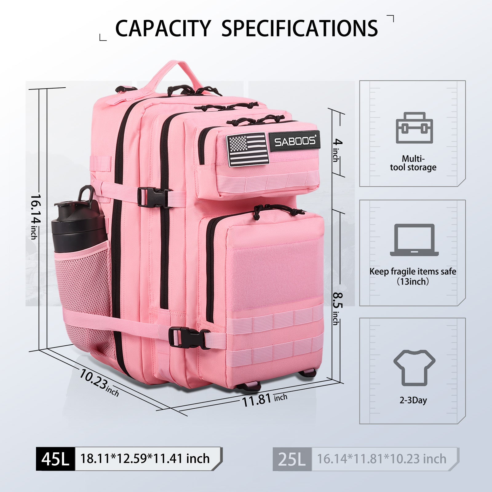 45L Large Pink Tactical Fitness Backpack With Cup Holder - Saboostactical